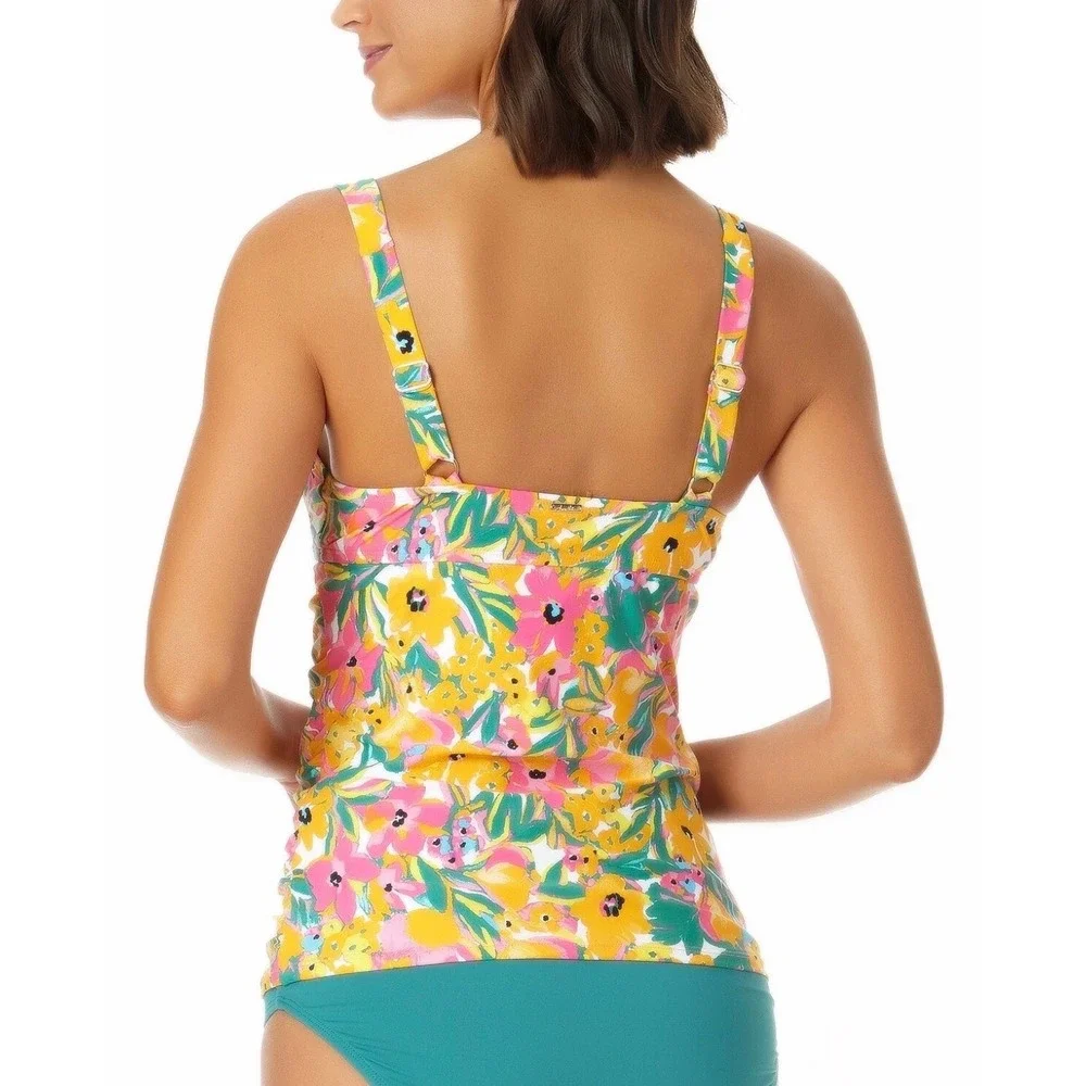 Anne Cole Floral Twist Front Tankini Top Yellow Pink 32C 34B Sweetheart Neckline